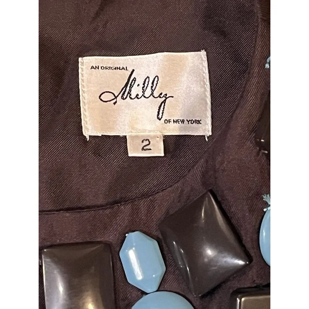Milly of New York Silk Beaded Collar Shift Mod Dress Size 2 Turquoise Brown - Picture 5 of 7